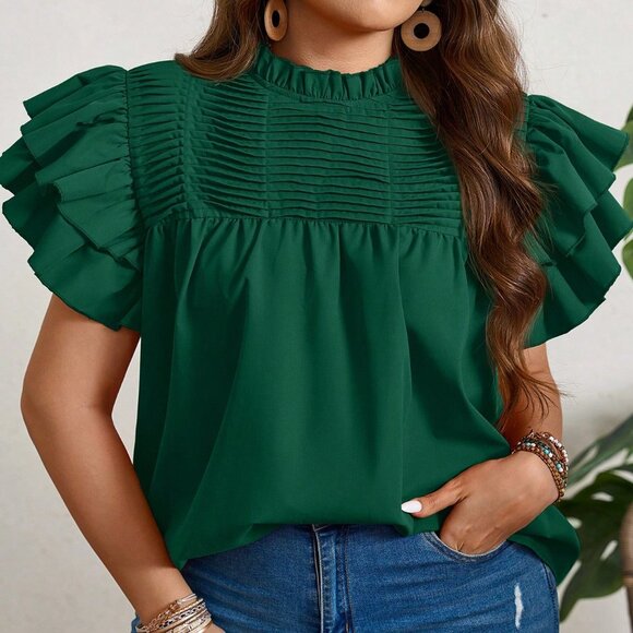 Dark Green Casual Women's Plus Size Ruffle Trim Blouse - Picture 4 of 6
